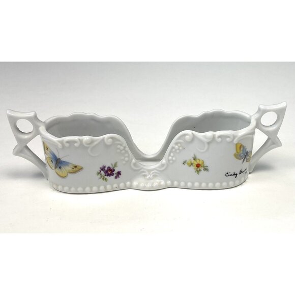 VTG 1974 Handpainted DOUBLE SPOON HOLDER Butterflies Signed Cindy Bower EUC - Picture 1 of 6